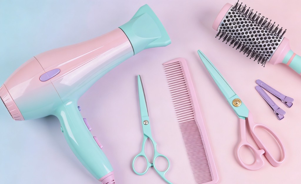 Flat lay of pastel hair tools: dryer, round brush, scissors, comb, and clips on a soft blue-to-pink gradient