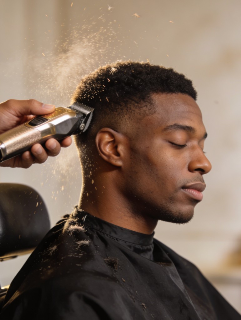 Profile of a client in a barber cape while a stylist uses clippers on a fade, warm studio light