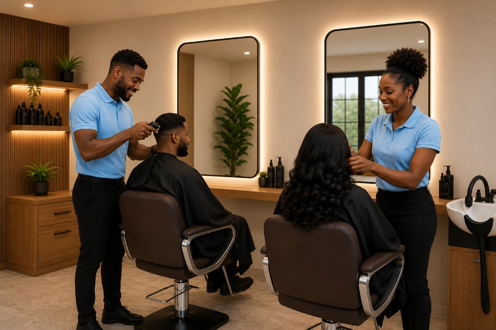 Professional hair salon interior with a barber and stylist serving clients, warm wood tones and backlit mirrors