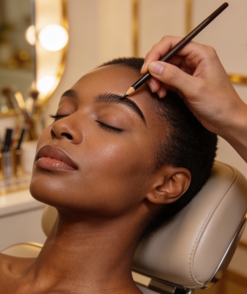 Client relaxing in a salon chair while brows are shaped with a pencil, warm lit mirror in the background