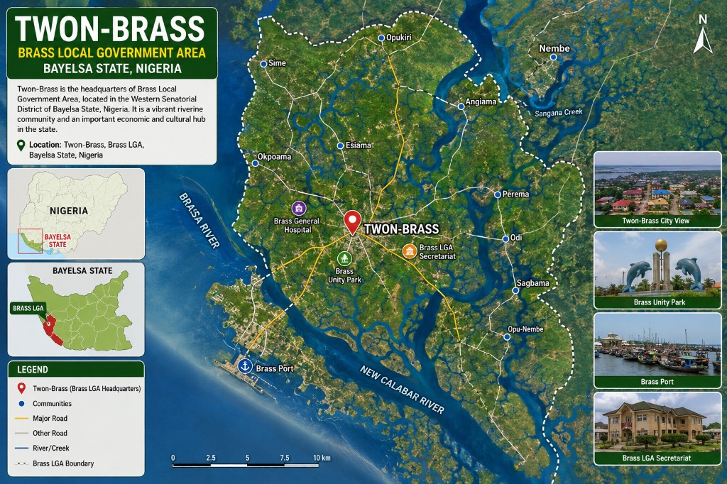 Map of Twon-Brass, headquarters of Brass Local Government Area in Bayelsa State, Nigeria, showing rivers, communities, and local landmarks